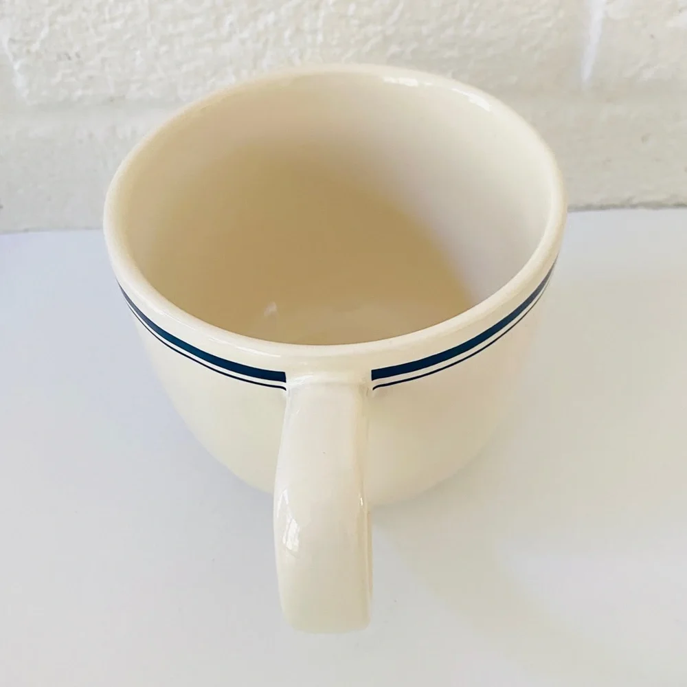 RAE DUNN Mug TEA Indigo Blue Stripe Oversized Stoneware Script Letters